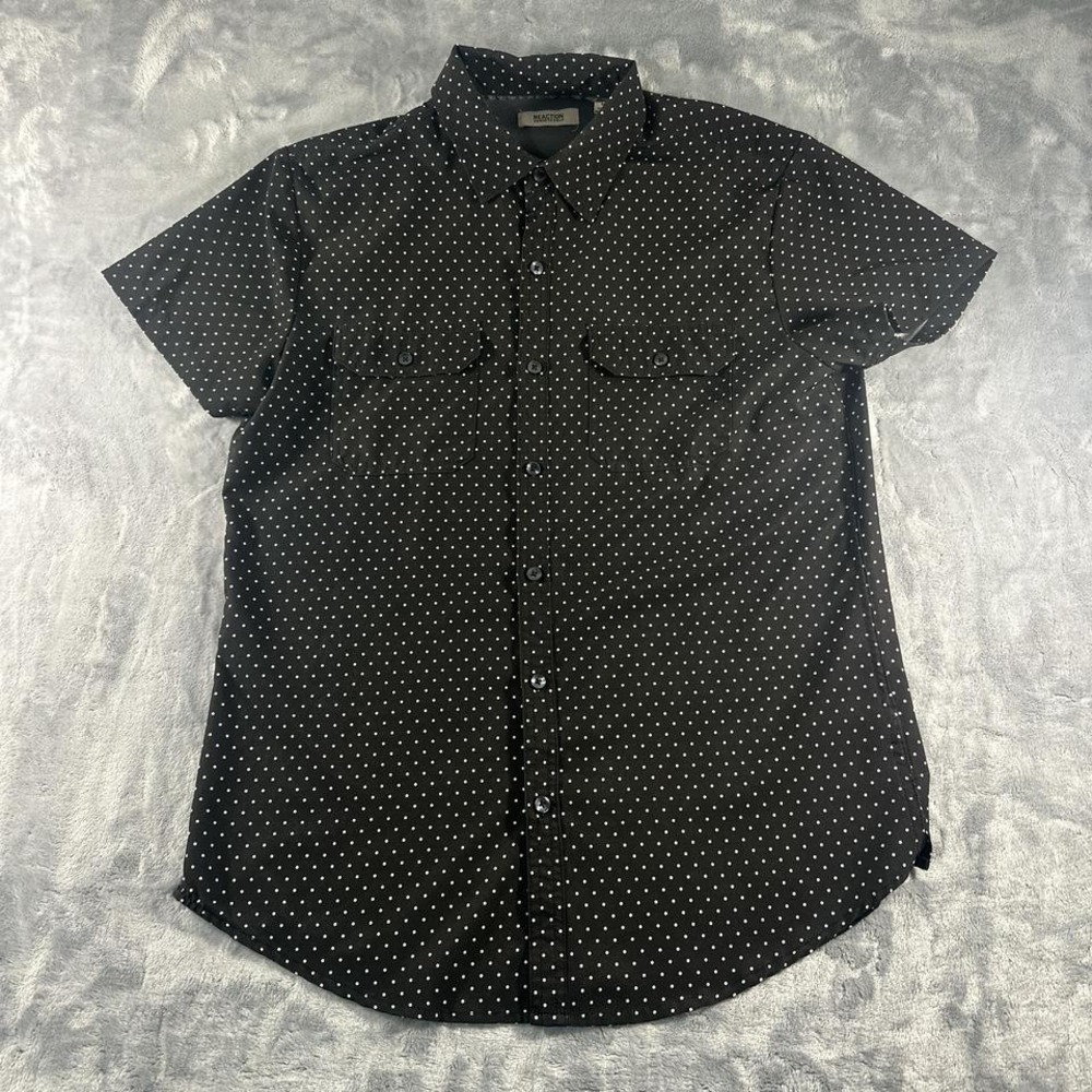 Black and‎ white polka dot button-up shirt